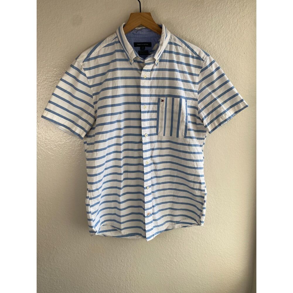 Tommy Hilfiger Mens Large Blue White Striped Short Sleeve Button Down Shirt